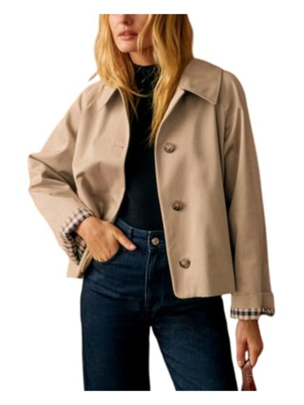 Oversize Trench Coat 100% Polyester Plaid Lining Button Down Casual Crop Jacket
